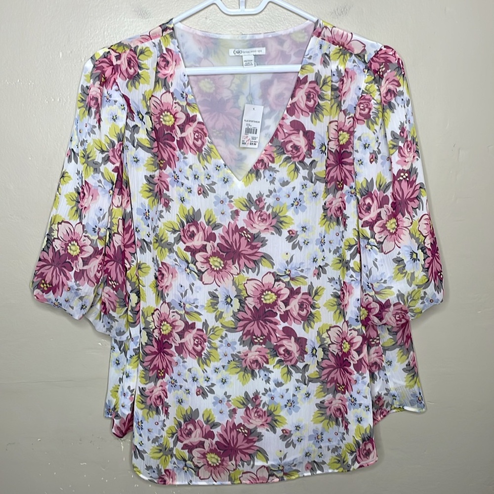 CATO Blouse Tunic Floral Popover V-Neck Bubbly Sleeves Cottagecore NWT 1X